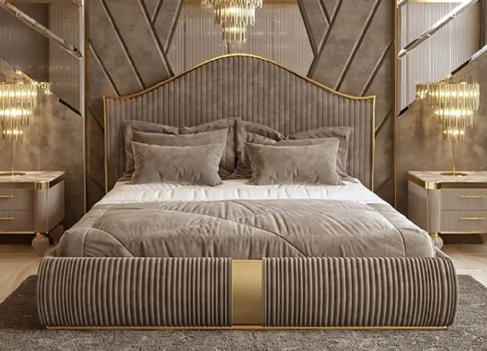 Angebot Casa Padrino cama doble Art Deco de lujo gris / oro - Cama noble de madera maciza con cabecera - Muebles de Dormitorio y Hotel Art Deco - Colección de Lujo