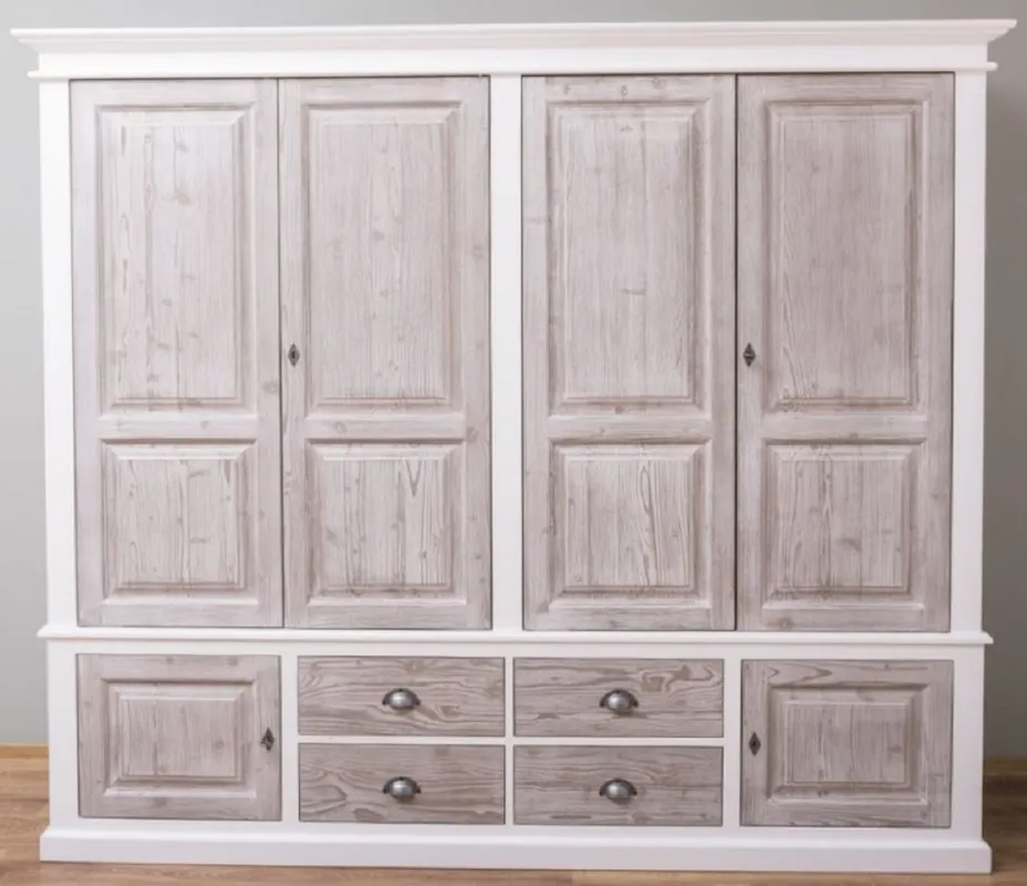 Nur Für Kurze Zeit Casa Padrino armario de dormitorio de estilo campestre blanco / natural 232 x 59 x A. 197 cm - Armario de madera maciza con 6 puertas y 4 cajones - Muebles de dormitorio estilo campestre