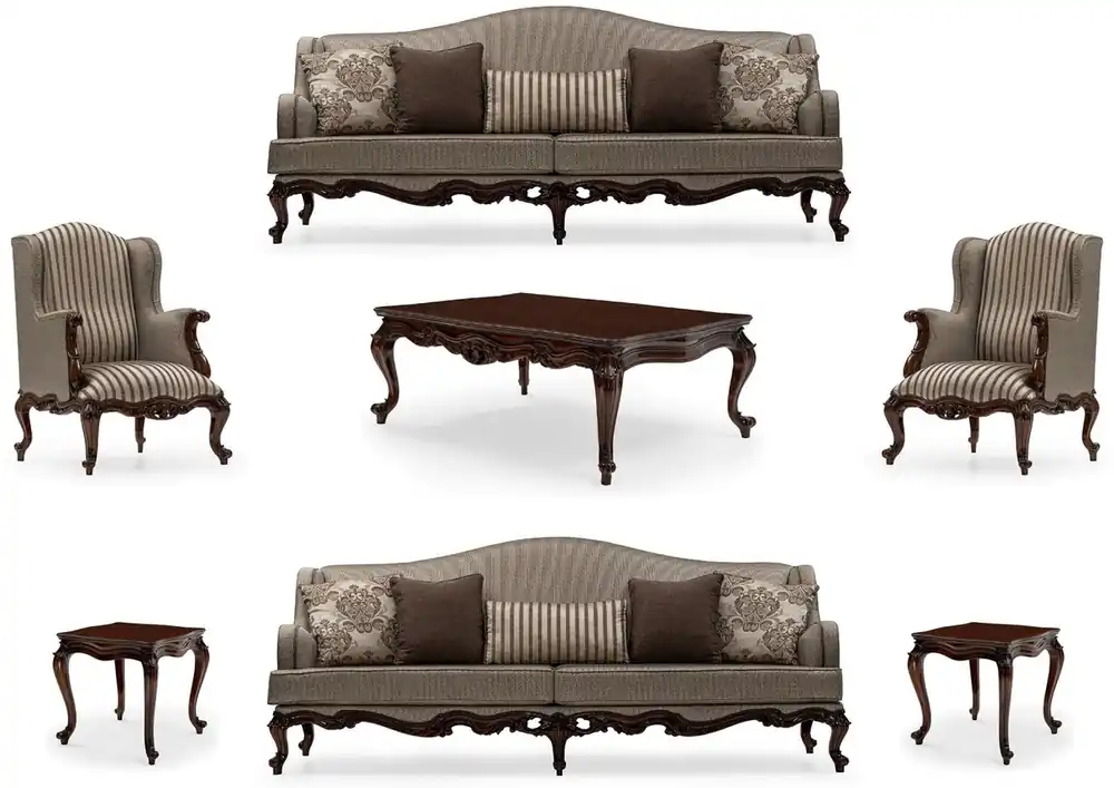Schneller Versand Casa Padrino conjunto de sala de estar barroco de lujo plata / marrón - 2 Sofás y 2 Sillones y 1 Mesa de Centro y 2 Mesas Auxiliares - Muebles de salón hechos a mano estilo barroco
