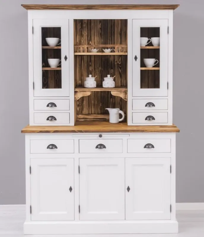 Casa Padrino armario de comedor de estilo campestre blanco / marron 137 x 50 x A. 197 cm - Armario de cocina de madera maciza - Muebles de comedor en estilo campestre Zertifiziert