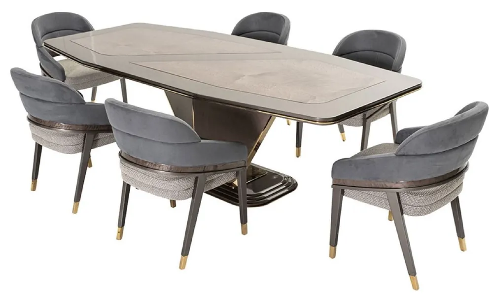 Letzte Chance Casa Padrino conjunto de comedor de lujo azul / gris / oro - 1 Mesa de comedor de lujo y 6 Sillas de comedor de lujo - Muebles de comedor - Muebles de lujo - Interiores de lujo