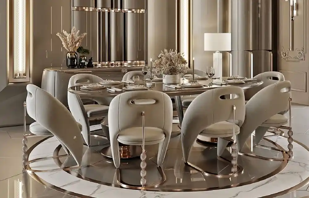 Preisknaller Casa Padrino conjunto de comedor de lujo gris / gris oscuro / cobre - 1 Mesa de comedor de lujo y 8 Sillas de comedor de lujo - Muebles de comedor - Muebles de lujo - Interiores de lujo