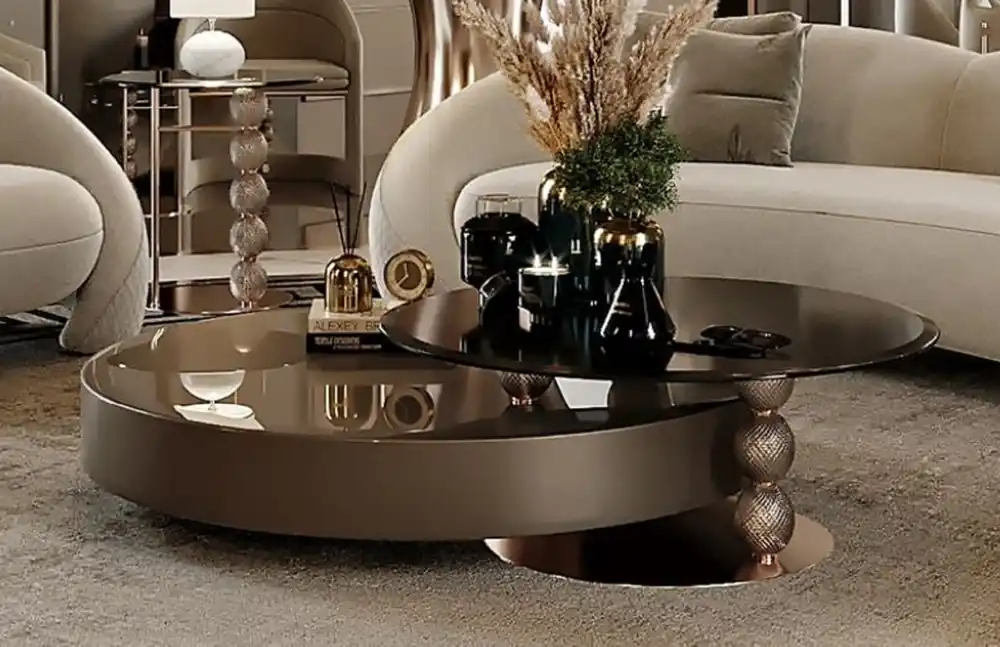 Nur Heute Casa Padrino mesa de centro de lujo gris / cobre / negro 151 x 120 x A. 35,3 cm - Mesa de salón con tapa de vidrio - Muebles de salón - Muebles de hotel - Muebles de lujo - Interiores de lujo
