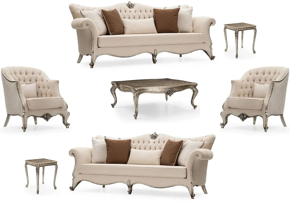 Casa Padrino conjunto de sala de estar barroco de lujo crema / plata / plata antigua - 2 Sofás y 2 Sillones y 1 Mesa de Centro y 2 Mesas Auxiliares - Muebles de salón hechos a mano estilo barroco Garantierte Lieferung