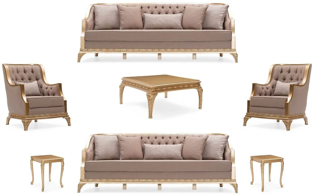 Schnäppchen Casa Padrino conjunto de sala de estar barroco de lujo marrón / oro - 2 Sofás y 2 Sillones y 1 Mesa de Centro y 2 Mesas Auxiliares - Muebles de salón de lujo hechos a mano en estilo barroco