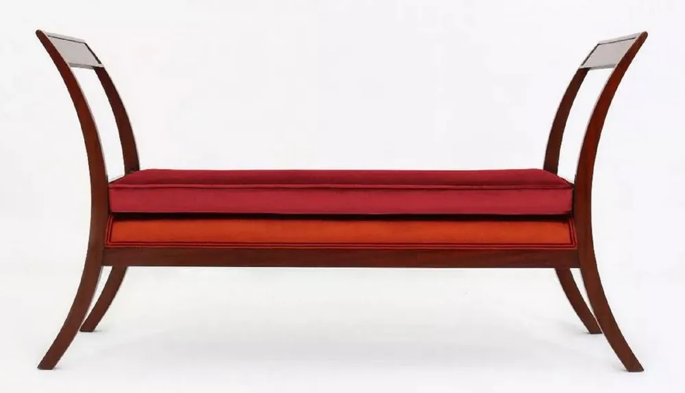 Casa Padrino banco Art Deco de lujo rojo burdeos / naranja / marrón 152 x 50 x A. 85 cm - Banco de salón tapizado - Muebles Art Deco - Muebles de lujo Top-Seller