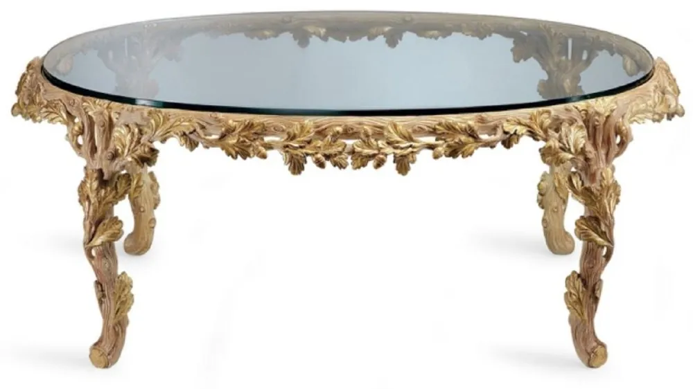 Casa Padrino mesa de centro barroco de lujo con placa de vidrio natural / marrón - Mesa de salón ovalada de estilo barroco - Muebles Barrocos - Calidad de lujo - Hecho en Italia Echt