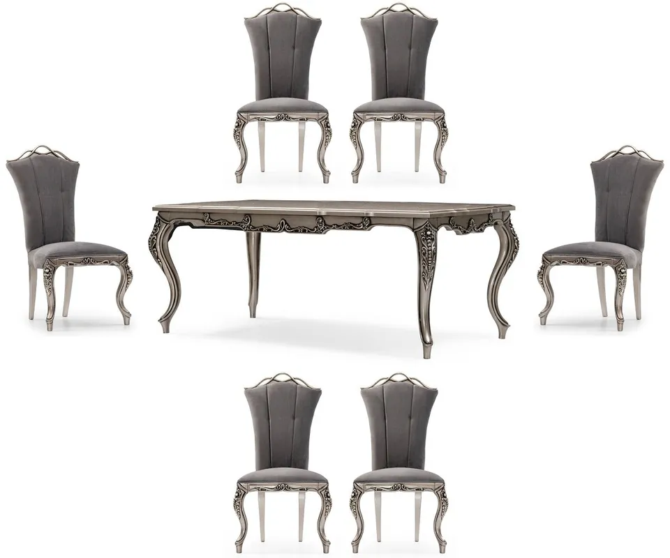 Casa Padrino conjunto de comedor barroco de lujo gris / plata - 1 Mesa de Comedor Barroco y 6 Sillas de Comedor Barrocos - Muebles de comedor de lujo estilo barroco Sichere Zahlung