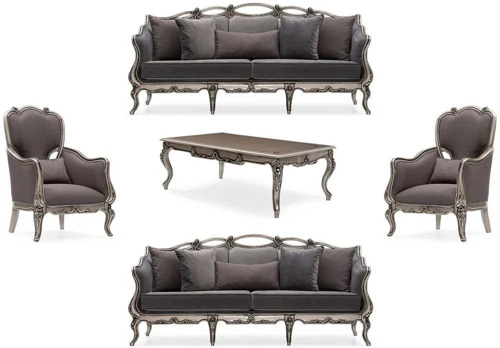 Zertifiziert Casa Padrino conjunto de sala de estar barroco de lujo gris / plata - 2 Sofás y 2 Sillones y 1 Mesa de Centro - Muebles de salón hechos a mano estilo barroco - Noble y magnífico