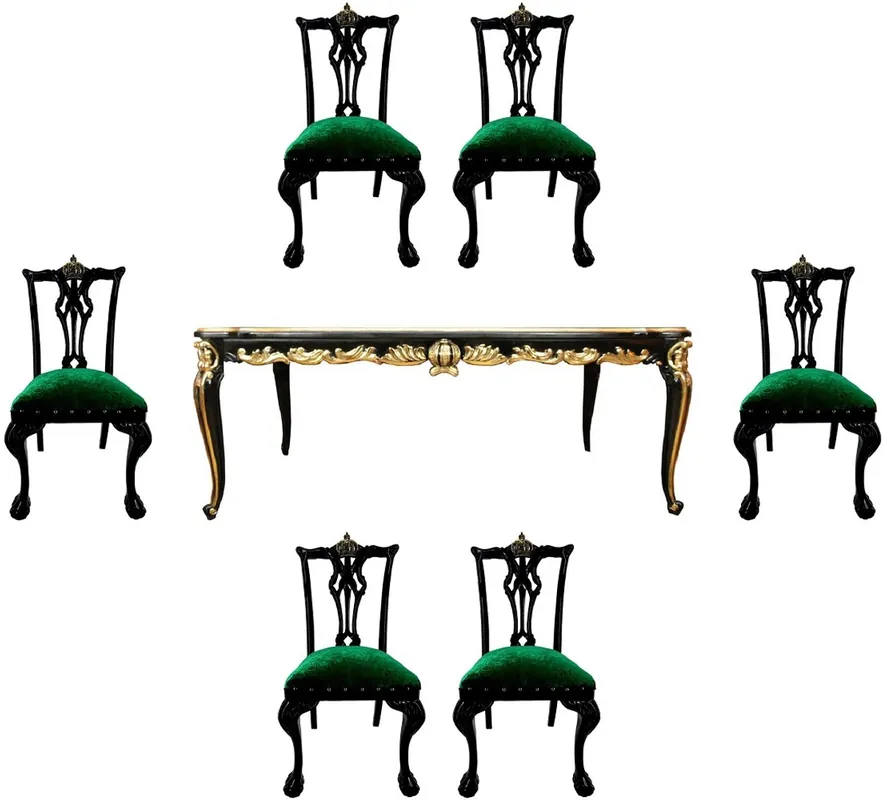 Pompöös by Casa Padrino Conjunto de Comedor Barroco de Lujo Verde / Negro / Oro - 1 Mesa de Comedor Barroco con Tapa de Vidrio y 6 Sillas de Comedor por Harald Glööckler - Pompöös Muebles Barrocos Schnäppchen