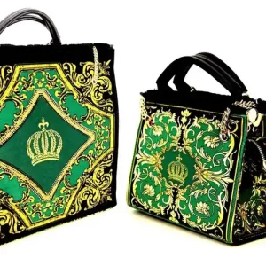 Abverkauf Pompöös by Casa Padrino Conjunto de Bolsos de Mujer de Lujo Flores Barrocos con Corona y Pedrería Verde / Negro / Oro - Bolsos de mujer pomposos diseñados por Harald Glööckler