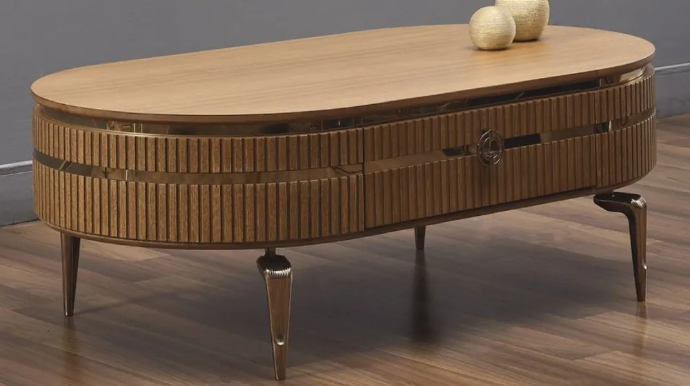 Casa Padrino mesa de centro Art Deco de lujo marrón claro / oro 120 x 67 x A. 42 cm - Mesa de salón ovalada con cajón - Muebles de salón - Muebles Art Deco - Muebles de lujo Finale Aktion