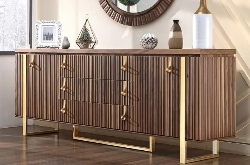 Casa Padrino aparador Art Deco de lujo marrón / oro 200 x 42 x A. 80 cm - Gabinete noble de madera maciza con 2 puertas y 3 cajones - Muebles Art Deco - Muebles de lujo Solange Der Vorrat Reicht