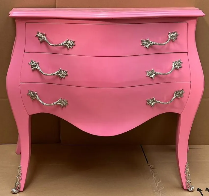 Casa Padrino cómoda barroco con 3 cajones rosa / plata - Cómoda de madera maciza hecho a mano en estilo barroco - Muebles de dormitorio en estilo barroco - Muebles barrocos - Interiores barrocos Highlight