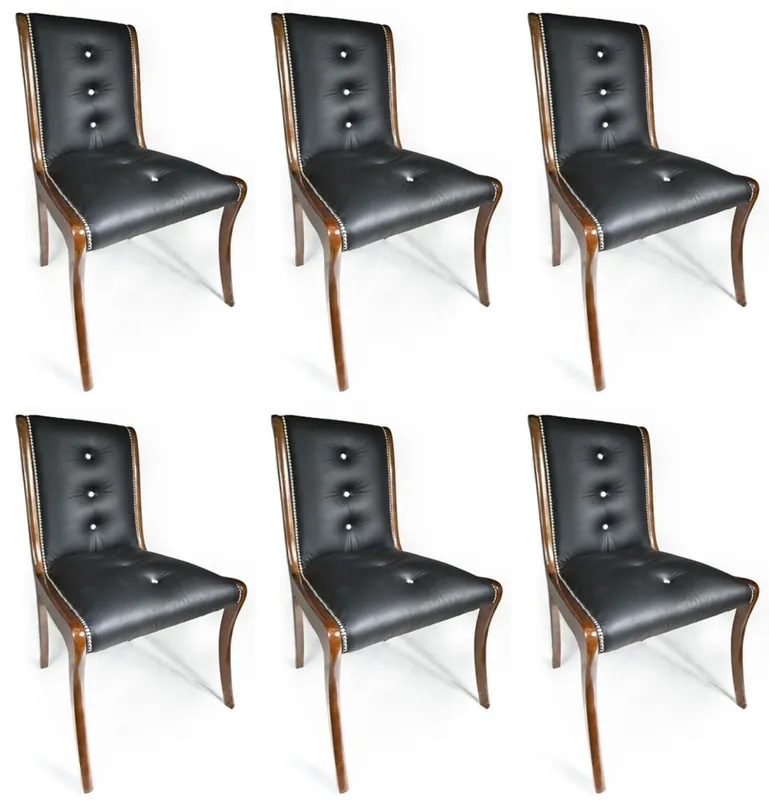 Casa Padrino conjunto de 6 sillas de comedor de cuero de lujo con pedrería negro / marrón 50 x 47 x A. 95 cm - Sillas de cocina de cuero genuino - Muebles de cuero genuino - Muebles de lujo Geprüft