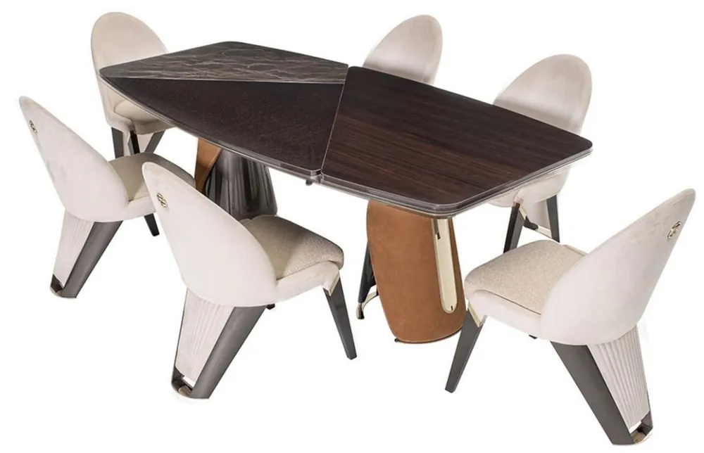 Casa Padrino conjunto de comedor de lujo marrón oscuro / crema / gris / marrón claro / oro - 1 Mesa de comedor de lujo y 6 Sillas de comedor de lujo - Muebles de comedor - Muebles de lujo Neu