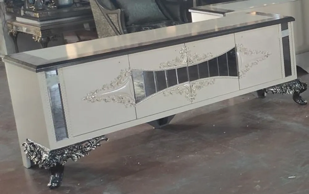 Schnäppchen Casa Padrino gabinete de TV barroco de lujo crema / plata / gris / oro - Magnífico aparador de madera maciza con 4 puertas - Muebles de salón en estilo barroco - Muebles barrocos