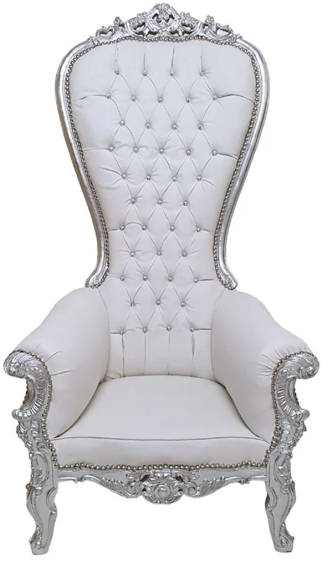 Bestpreis Casa Padrino sillón de trono barroco con cuero artificial y pedrería blanco / plata - Sillón real hecho a mano - Magnífico sillón de boda - Sillón gigante barroco - Muebles barrocos