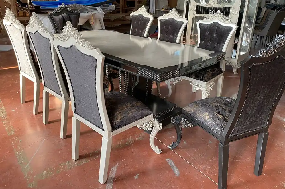 Casa Padrino conjunto de comedor barroco de lujo crema / azul / oro - 1 Mesa de Comedor Barroco y 6 Sillas de Comedor Barrocos - Muebles de comedor de lujo estilo barroco Preisreduziert
