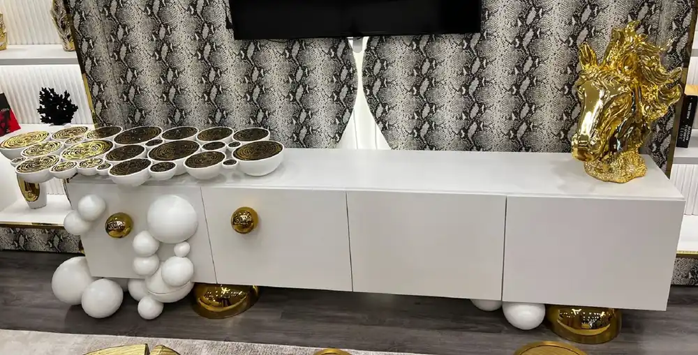 Casa Padrino gabinete de TV de diseño de lujo blanco / oro 250 x 35 x A. 60 cm - Aparador de madera maciza con 4 puertas - Muebles de lujo - Muebles de hotel - Muebles de diseño Preiswert
