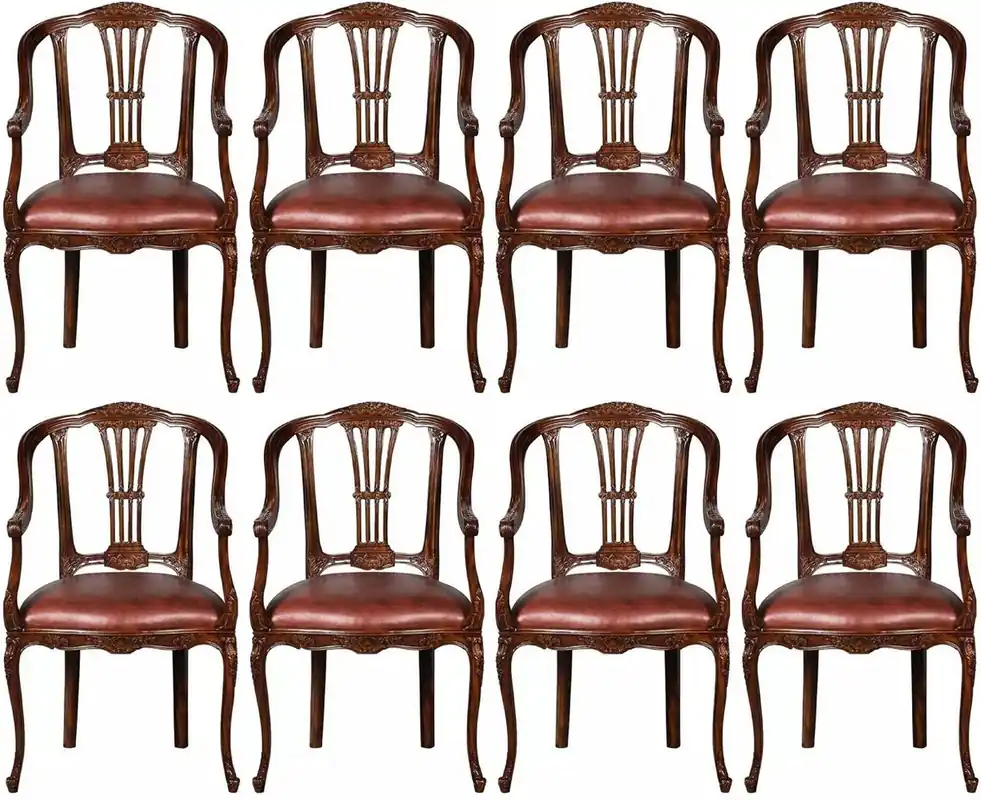 Casa Padrino conjunto de 8 sillas de comedor de cuero barroco de lujo con reposabrazos marrón - Magníficas sillas de cocina de cuero genuino estilo barroco - Muebles de comedor barrocos de lujo Neue Ware