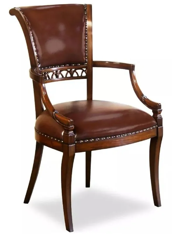 Casa Padrino silla de comedor de cuero Art Deco de lujo con reposabrazos marrón oscuro - Silla de cocina de madera maciza con cuero genuino - Muebles de comedor de cuero - Muebles Art Déco Versand Am Gleichen Tag
