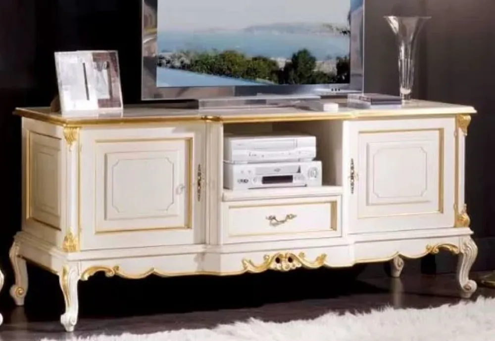 Casa Padrino gabinete de TV barroco de lujo blanco / oro - Aparador hecho a mano de madera maciza con 2 puertas y cajón - Muebles de salón barrocos - Calidad de Lujo - Hecho en Italia Jetzt Bestellen