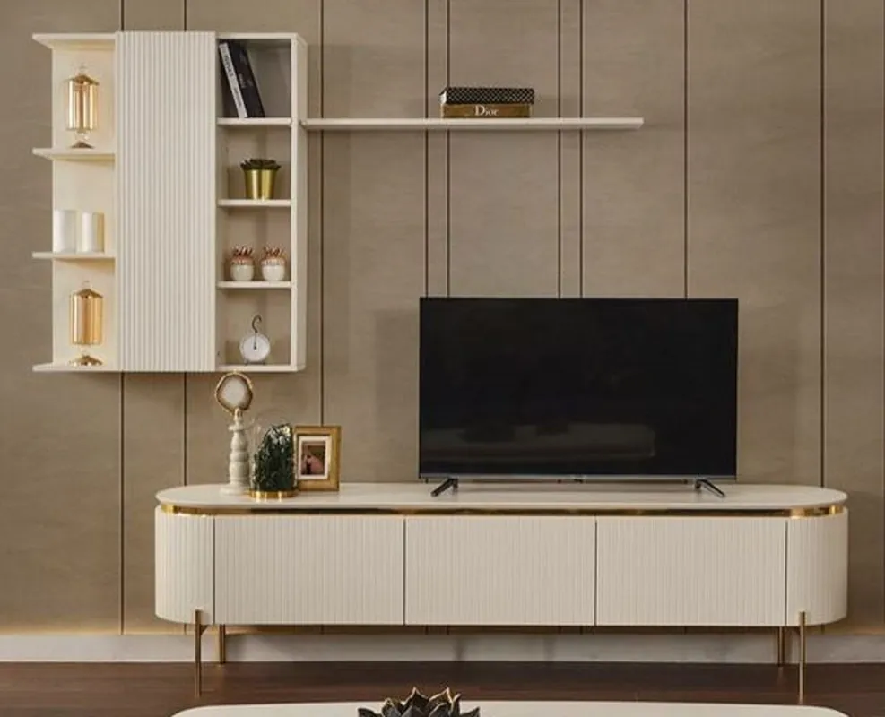 Direkt Vom Hersteller Casa Padrino conjunto de armario de TV de lujo blanco / oro - Aparador de salón con gabinete de pared - Muebles de salón - Muebles de hotel - Muebles de lujo