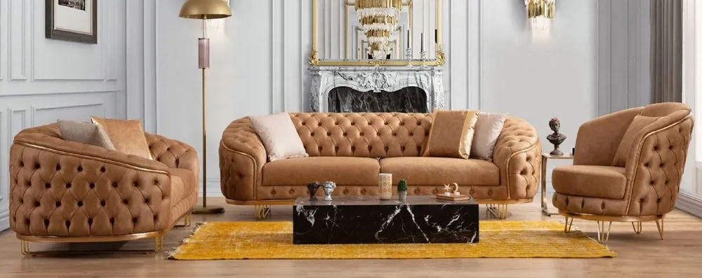 Bestseller Casa Padrino Conjunto de Salón Chesterfield de Lujo Marrón Vintage / Latón - 2 Sofás Chesterfield de Lujo y 2 Sillones Chesterfield de Lujo - Muebles de Salón - Muebles Chesterfield de Lujo