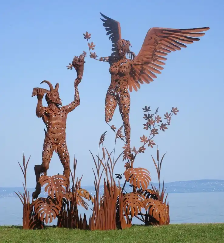 Casa Padrino escultura decorativa de lujo ángel y pan óxido 325 x 173 x A. 370 cm - Enorme escultura de metal - Figura decorativa de jardín enorme - Esculturas de jardín Nur Heute