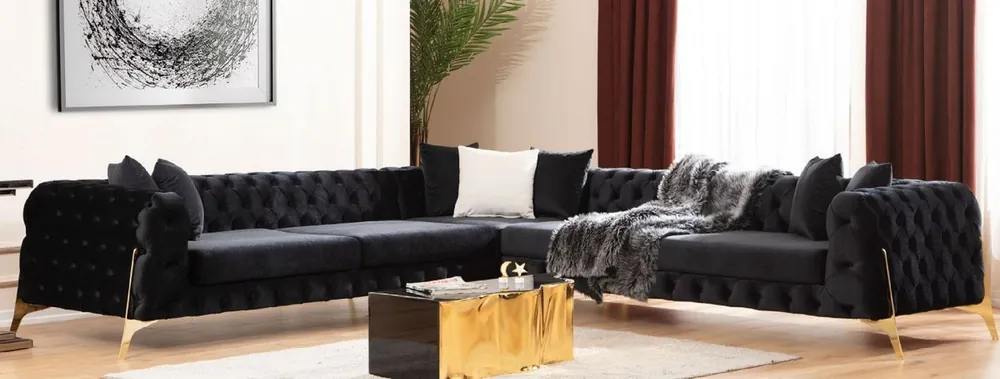 Aktuell Casa Padrino sofá esquinero Chesterfield de lujo negro / oro 310 x 270 x A. 70 cm - Sofá de salón Chesterfield - Muebles de salón - Muebles Chesterfield de lujo