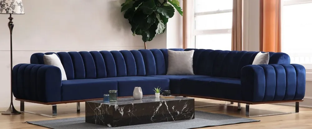 Casa Padrino sofá esquinero de lujo con respaldos ajustables azul / marrón / plata 320 x 180 x A. 80 cm - Sofá de salón - Muebles de salón - Muebles de lujo Abverkauf