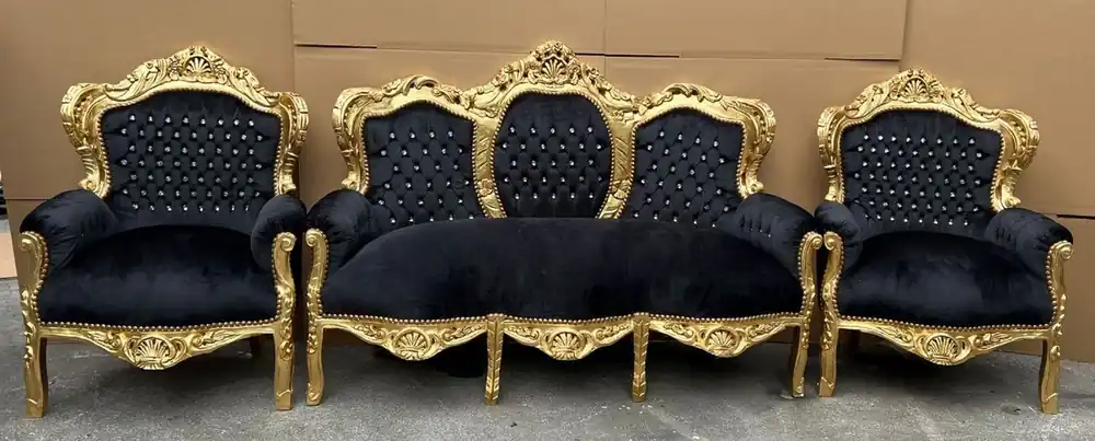 Preisreduziert Casa Padrino conjunto de sala de estar barroco de lujo negro / oro - 1 Sofá Barroco y 2 Sillones Barrocos - Muebles de salón en estilo barroco - Muebles barrocos