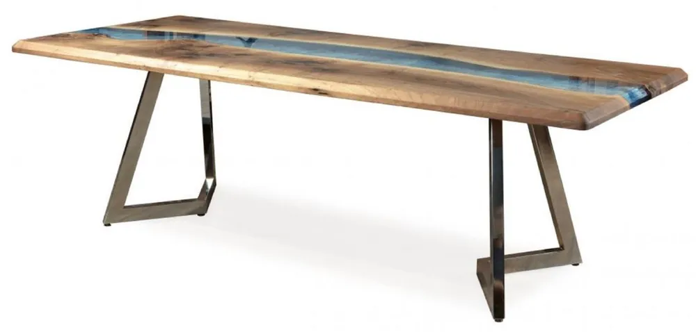 Casa Padrino mesa de comedor de lujo marrón / azul / plata 250 x 100 x A. 76 cm - Mesa de cocina rectangular con resina epoxi - Muebles de comedor - Muebles de resina epoxi - Muebles de lujo Bestseller