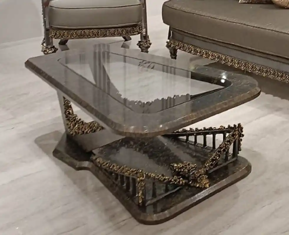 Schneller Versand Casa Padrino mesa de centro barroco de lujo con placa de vidrio gris / oro - Mesa de salón rectangular de estilo barroco - Muebles barrocos - Muebles de lujo en estilo barroco