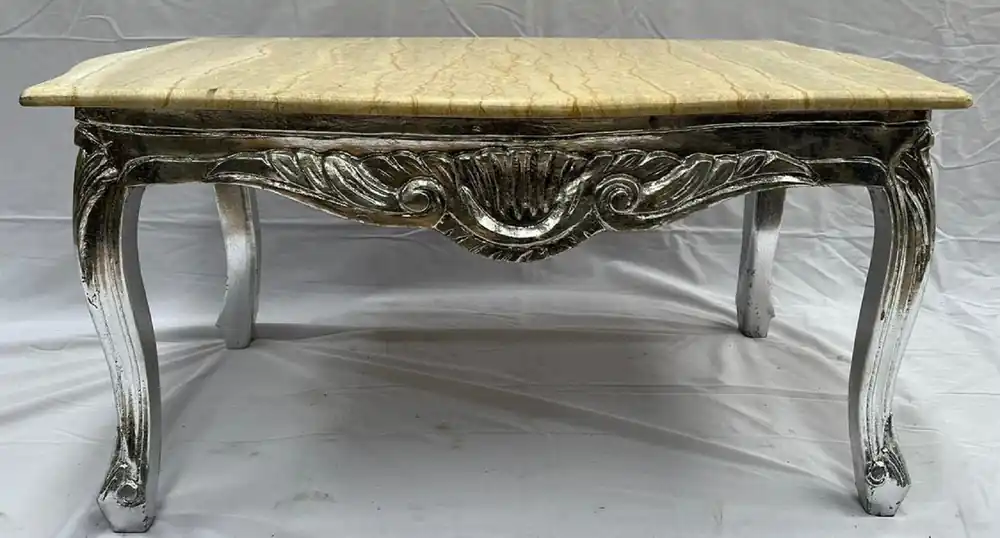 Neu Im Sortiment Casa Padrino mesa de centro barroco plata / crema - Mesa de salón rectangular de madera maciza con tapa de mármol - Muebles de salón de estilo barroco - Muebles barrocos