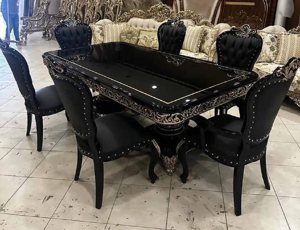 Heißes Angebot Casa Padrino conjunto de comedor barroco de lujo negro / oro - 1 Mesa de Comedor Barroco y 6 Sillas de Comedor Barrocos - Muebles de comedor barrocos - Noble y Magnífico