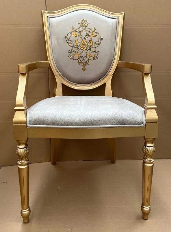 Sichere Zahlung Casa Padrino silla de comedor Art Deco de lujo gris / oro - Elegante silla de madera maciza con reposabrazos - Muebles de Comedor Art Deco