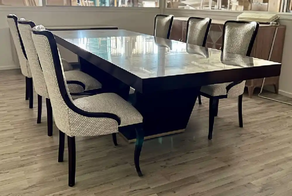 Zertifiziert Casa Padrino Conjunto de Comedor Art Déco de Lujo Beige / Marrón / Oro - 1 Mesa de Comedor Extensible y 6 Sillas de Comedor - Muebles de Comedor Art Deco de Lujo - Hecho en Italia