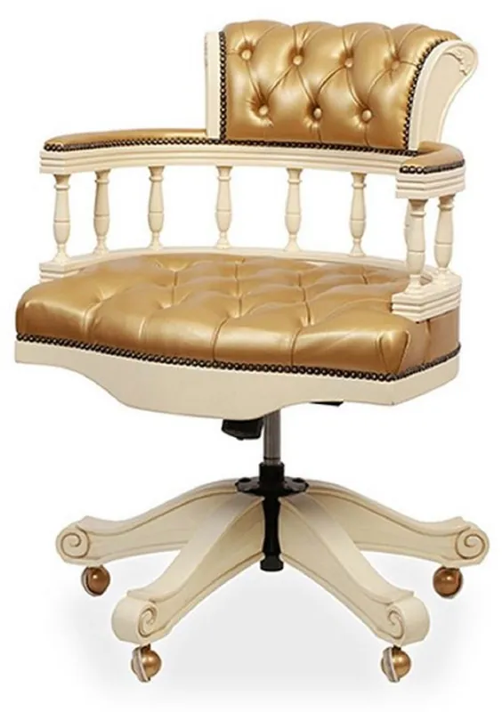 Ausverkauf Casa Padrino silla de escritorio Chesterfield barroco de lujo de cuero oro / crema - Silla de oficina de cuero genuino ajustable en altura - Muebles de oficina - Noble y magnífico