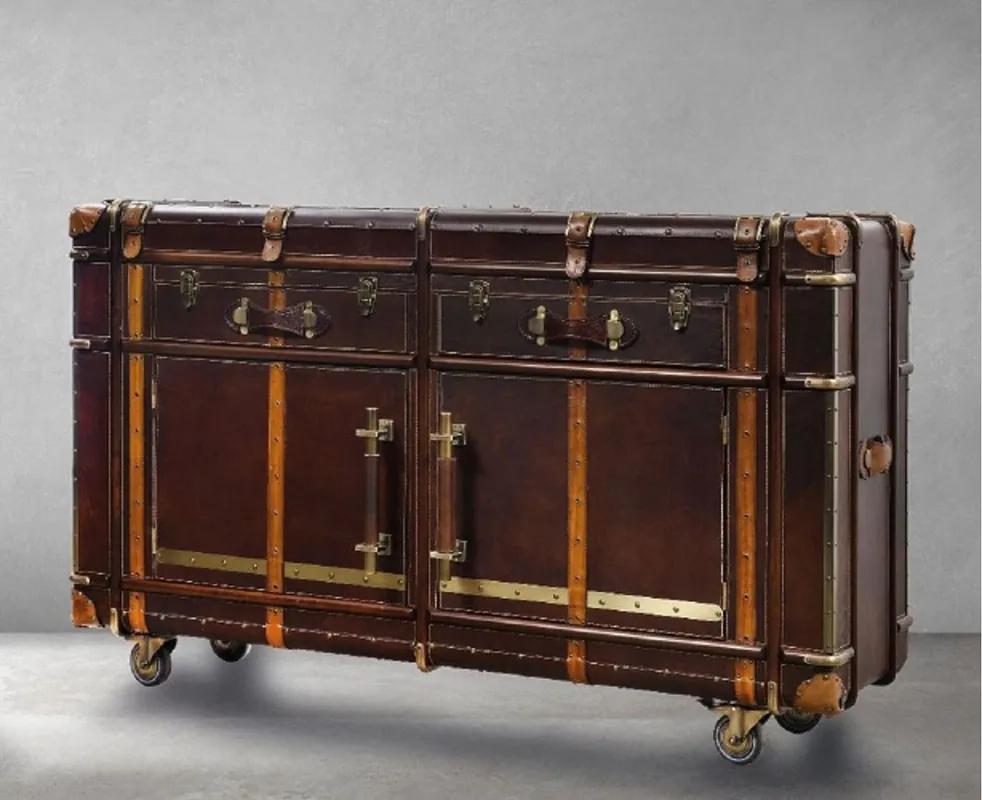 Casa Padrino consola de cuero de lujo en aspecto de maleta marrón oscuro / marrón / latón 166 x 47 x A. 90 cm - Mesa consola de cuero genuino - Muebles de cuero genuino de lujo en óptica de maleta Neuheit