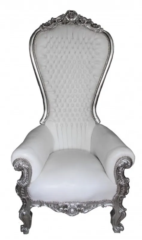 Casa Padrino sillón de trono barroco con cuero artificial blanco / plata - Sillón real hecho a mano - Magnífico sillón de boda - Sillón gigante barroco - Muebles barrocos Geprüft