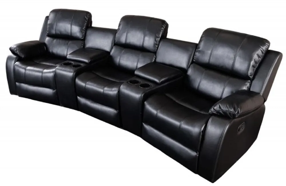 Neu Im Sortiment Casa Padrino sillón de cine de 3 plazas de cuero artificial negro 295 x 95-165 x A. 78-101 cm - Sillón de salón TV con portavasos y compartimento de almacenamiento - Muebles de cuero artificial
