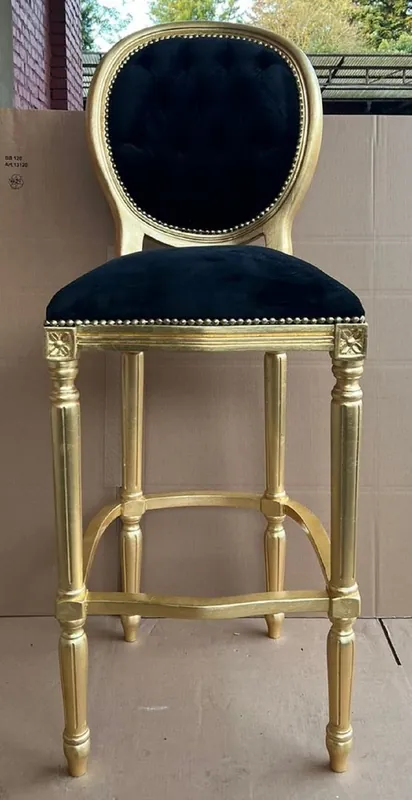 Echt Casa Padrino silla de bar barroco negro / oro - Magnífico taburete de bar de madera maciza de estilo barroco con elegante tejido de terciopelo - Muebles de bar barrocos