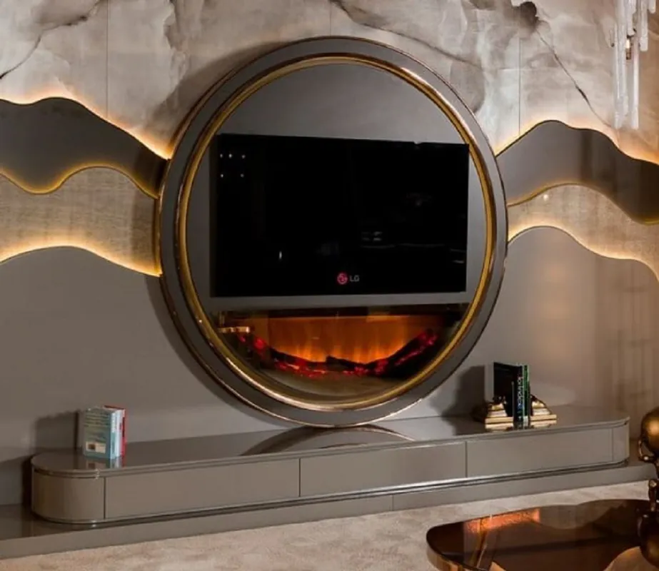 Direktkauf Casa Padrino conjunto de armario de TV de lujo gris / oro - Aparador de salón con chimenea LED - Muebles de salón - Muebles de hotel - Muebles de lujo
