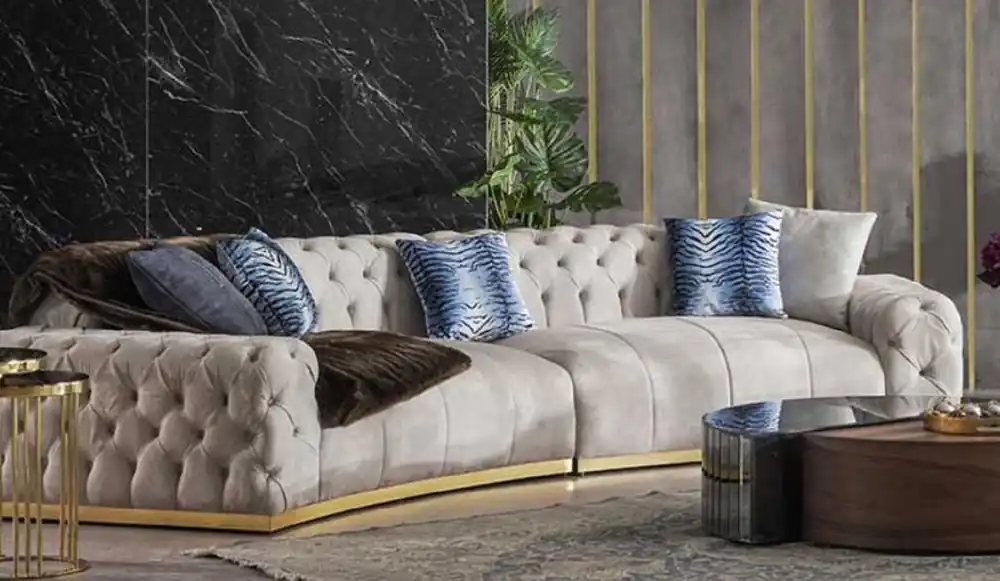 Casa Padrino sofá Chesterfield de lujo gris / oro 380 x 100 x A. 72 cm - Sofá de salón curvo - Muebles de salón - Muebles Chesterfield - Muebles de lujo - Interior de salón Sonderaktion
