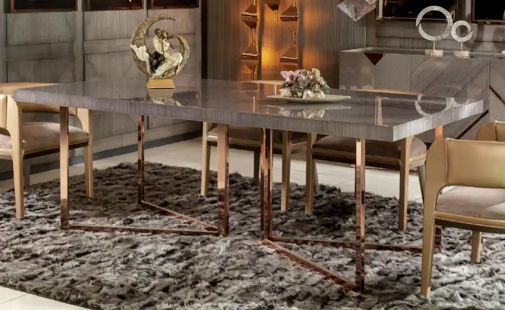 Saisonangebot Casa Padrino mesa de comedor de lujo gris / cobre 210 x 100 x A. 75 cm - Mesa de cocina rectangular con tapa de madera maciza y patas de metal - Muebles de comedor - Muebles de lujo