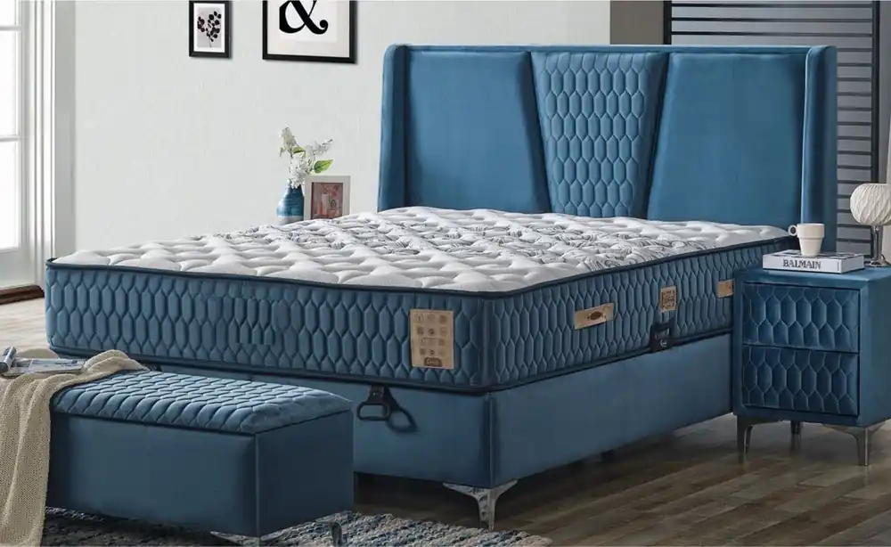Casa Padrino cama doble de lujo azul / blanco / plata 180 x 200 cm - Cama de madera maciza con cabecero y colchón - Muebles dormitorio - Muebles hotel - Muebles de lujo - Interior de lujo Neuheit