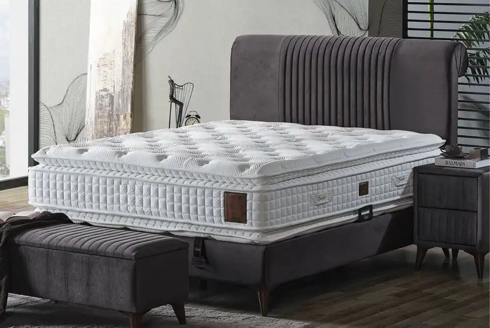 Casa Padrino cama doble de lujo gris / blanco / marron oscuro 180 x 200 cm - Cama de madera maciza con cabecero y colchón - Muebles dormitorio - Muebles hotel - Muebles de lujo - Interior de lujo Neu