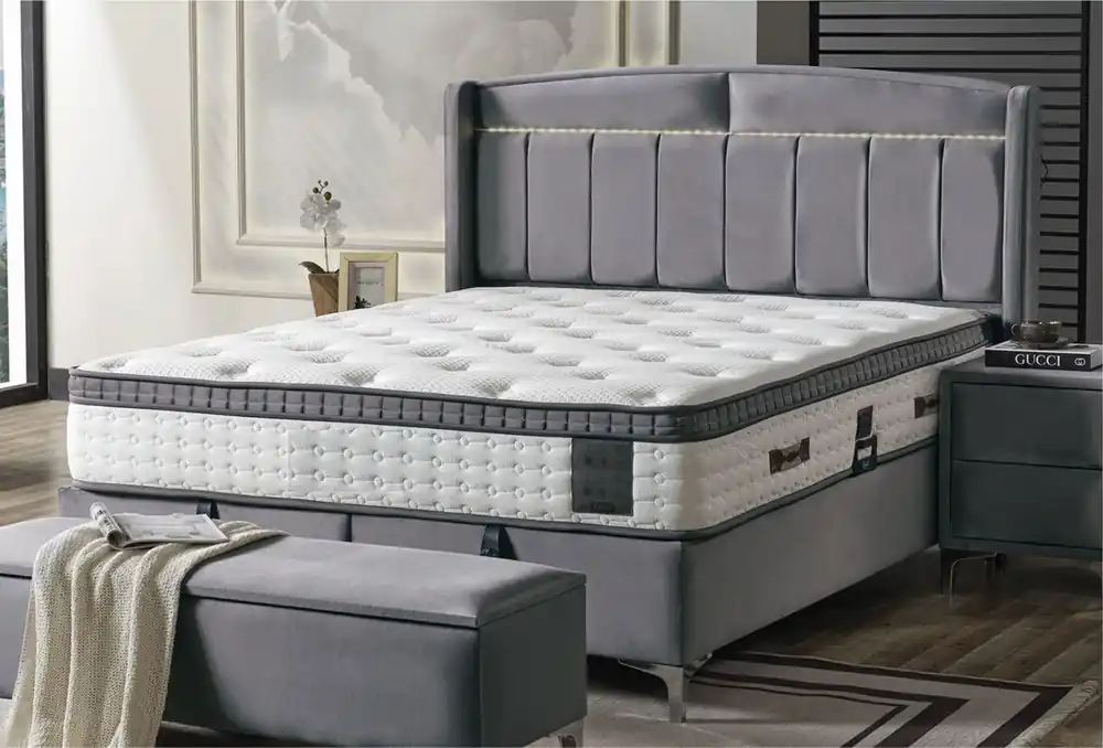 Geprüft Casa Padrino cama doble de lujo gris / blanco / plata 180 x 200 cm - Cama de madera maciza con iluminación LED y colchón - Muebles dormitorio - Muebles hotel - Muebles de lujo - Interior de lujo
